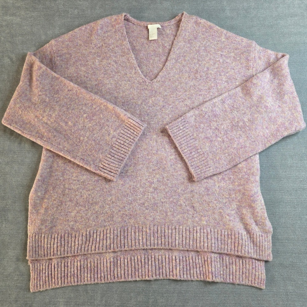 H&M V-Neck Sweater Womens S Pink Marl Knit‎ Excellent Oversized High Low Slit